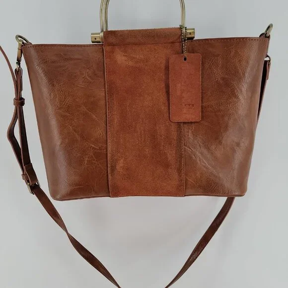 ๐ฅ Modern Suede + Faux Leather Convertible Tote Bag โ Rich Cognac Brown - Picture 14 of 14